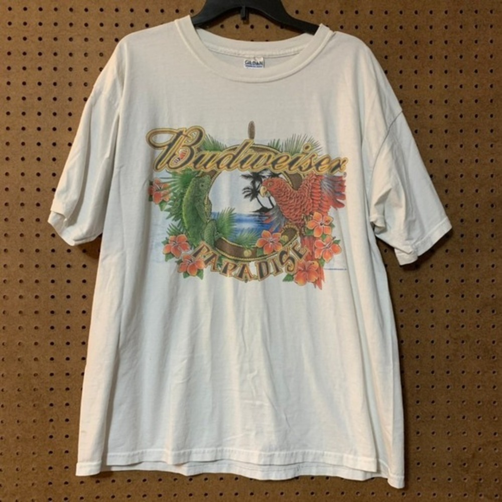 VTG Budweiser‎ Paradise T Shirt XL White Hawaiian Parrot Iguana Graphic Tee